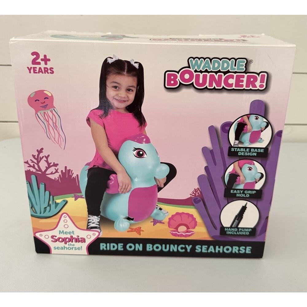 Sophia Seahorse Waddle Unicorn Bouncer Ride Toy Bouncing Ball Blue Pump NEW 2+